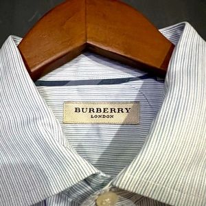 Burberry London 16.5 blue and white striped collared button down dress shirt